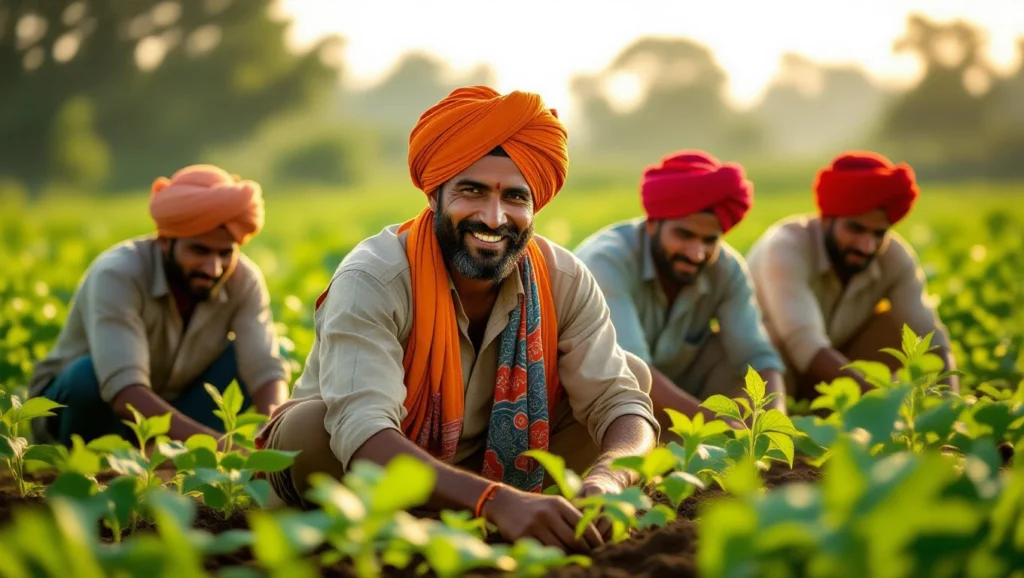 Egy ültetvényen dolgozó férfiak csoportja, akik boldogan ültetnek növényeket a napfényben.