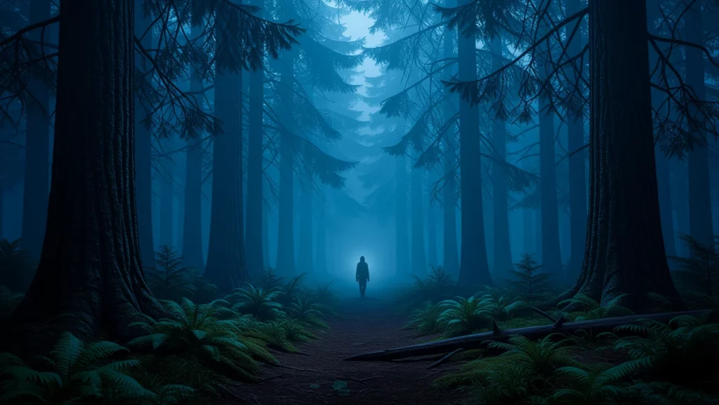 Egy sötét, ködös erdőben egy magányos alak sétál, a háttérben derengő fény látható.