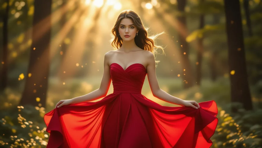 Egy nő piros ünneplő ruhában áll a napfényben, körülötte varázslatos erdői környezetben.