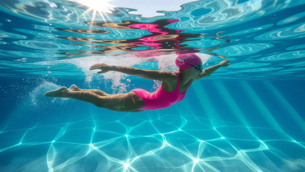 Egy gyermek úszik a medencében, víz alatt, rózsaszín fürdőruhában.