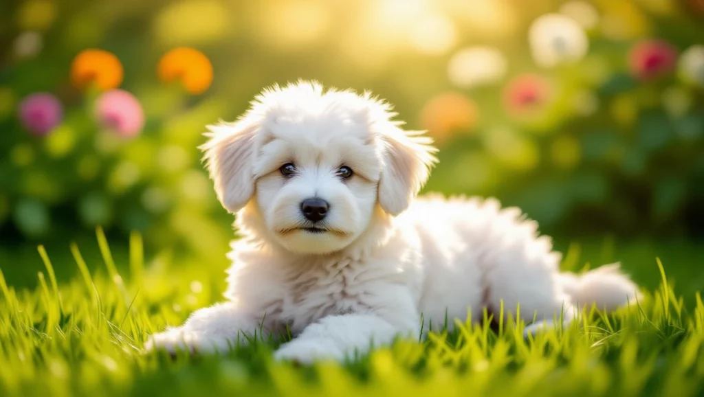 Egy aranyos uszkár kölyök fekszik a zöld fűben, virágokkal körülvéve.