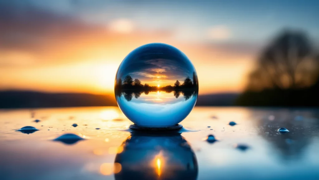 Az üveggolyó a naplementét tükrözi, ami az álmok mélységét jelképezi.