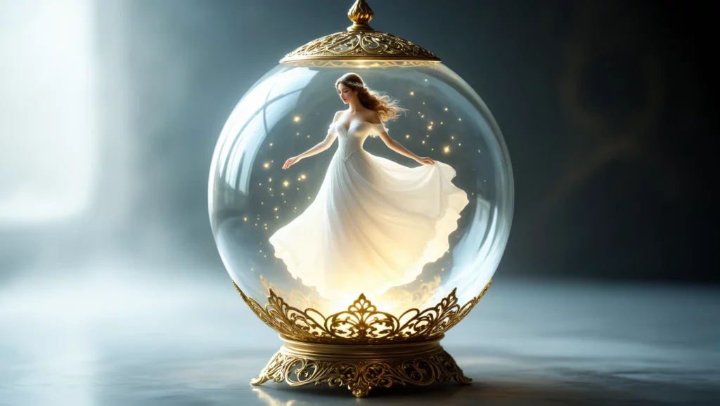 Az üveggömbben táncoló női alak álomfejtés szimbóluma, a vágyak és álmok megjelenítése.