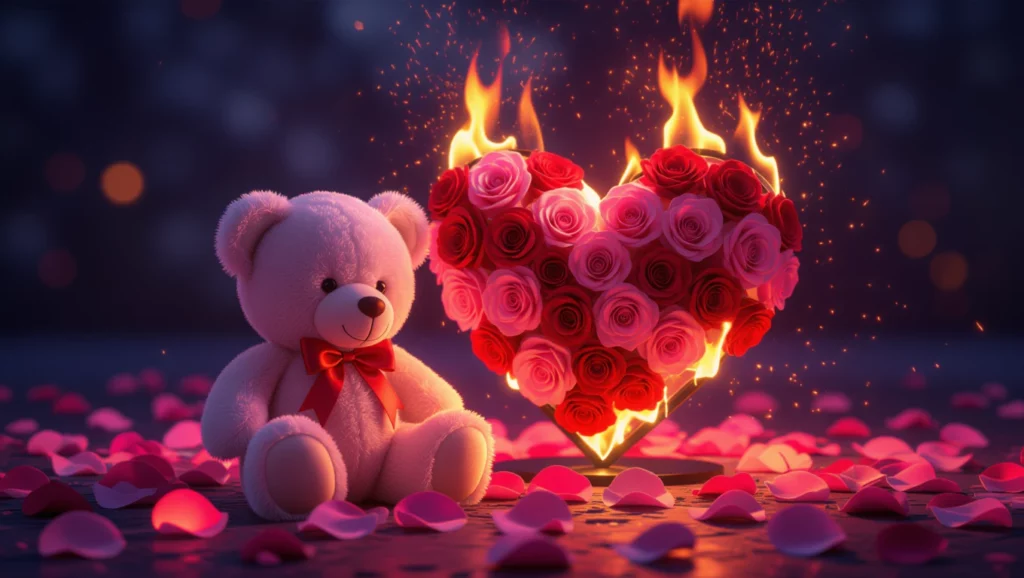 Egy plüssmackó áll egy lángoló rózsaszív mellett, rózsaszirmokkal körülvéve.