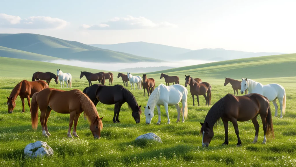 Szabadon legelő vadlovak egy zöld mezőn, a háttérben dombokkal és felhős éggel.