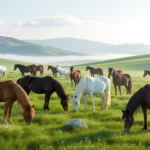 Szabadon legelő vadlovak egy zöld mezőn, a háttérben dombokkal és felhős éggel.