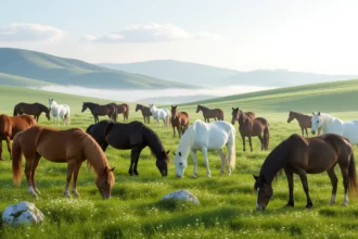 Szabadon legelő vadlovak egy zöld mezőn, a háttérben dombokkal és felhős éggel.