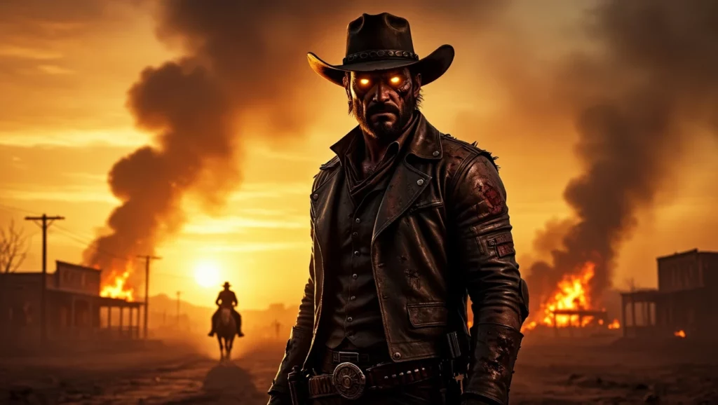 A vadnyugati hős, aki a sötét múltját cipelvén néz szembe a jövőjével, a lángok és füst között.