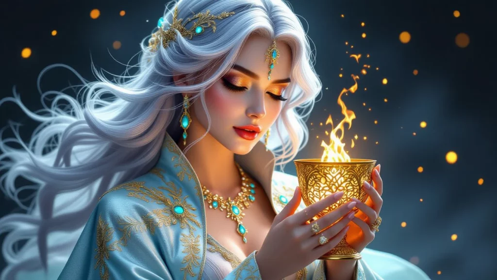 Egy fiatal nő arany serleget tart a kezében, amelyből lángok emelkednek, kék és arany díszítésekkel.