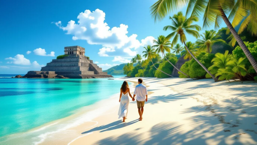 Pár kézen fogva sétál a tengerparton, mögöttük egy ősi rom és pálmafák.