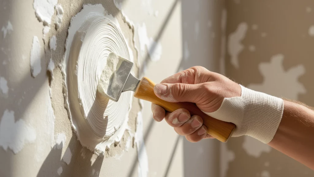 Egy kéz vakolókanállal simítja a falat, amelyen friss vakolat látható, a háttérben napsütéses ablak világít.