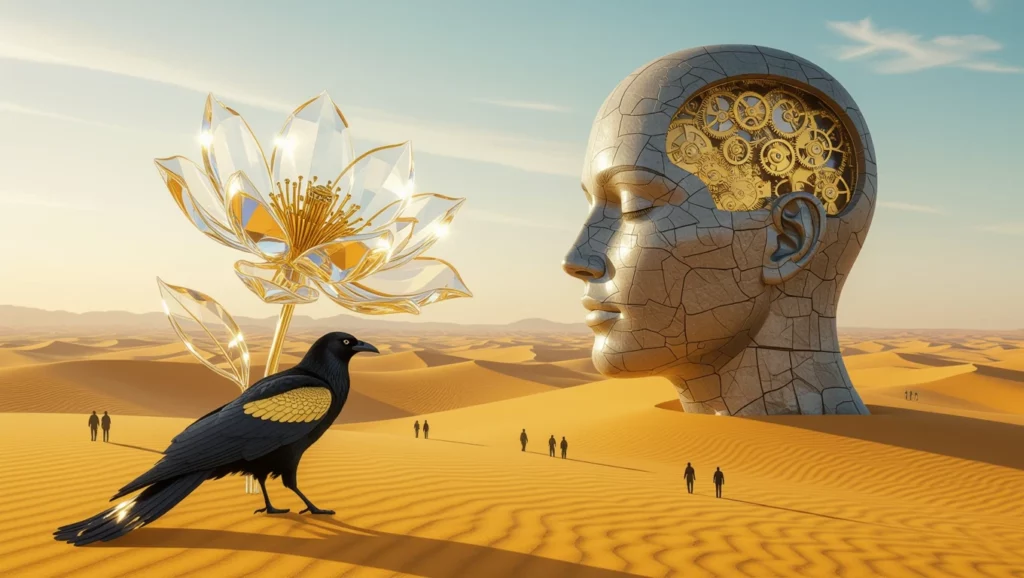 Egy szoborfej, mellette egy virág és egy fekete madár, a sivatagban.