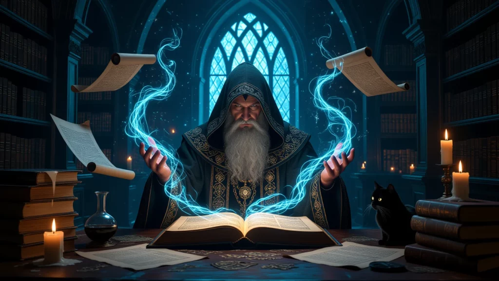 Egy varázsló könyvek között ül, varázserejét használva, miközben mágikus fények és pergamenek lebegnek körülötte.