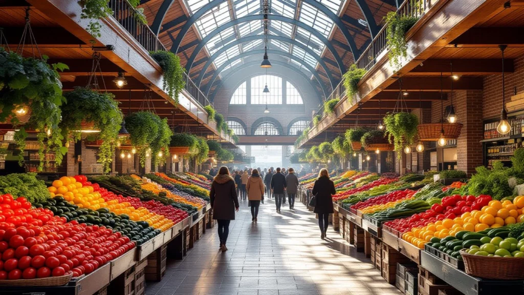 A vásárcsarnok színes zöldségekkel teli, élénk hangulatban.