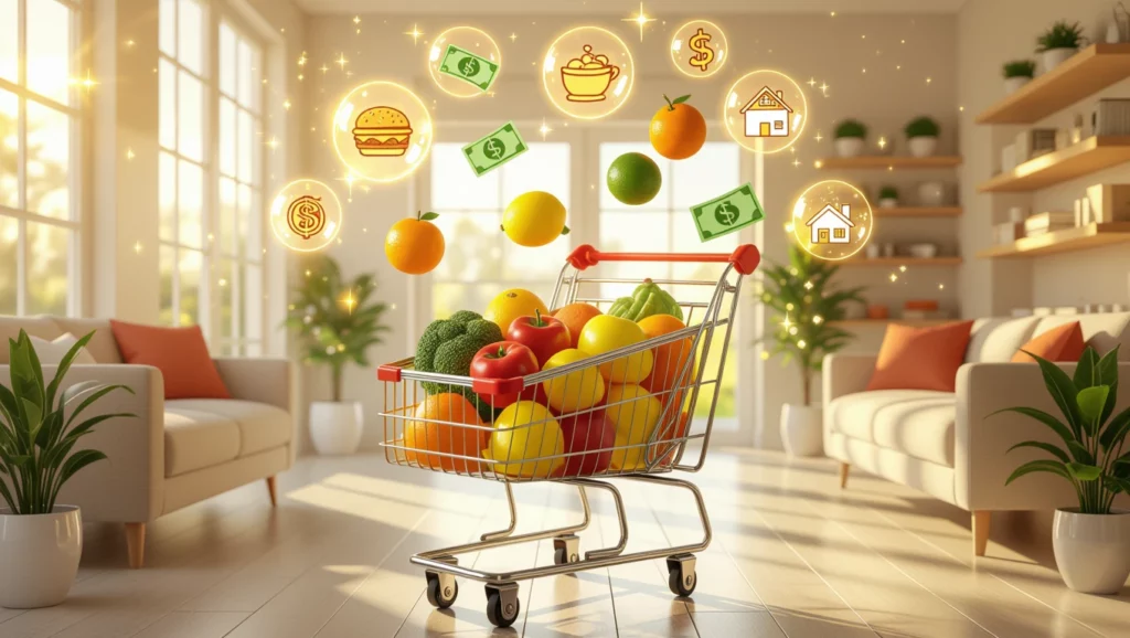 Egy bevásárlókocsi friss gyümölcsökkel és zöldségekkel egy világos, otthonos szobában.