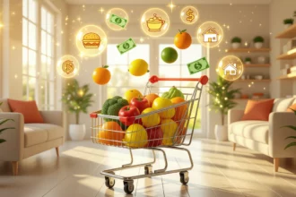 Egy bevásárlókocsi friss gyümölcsökkel és zöldségekkel egy világos, otthonos szobában.