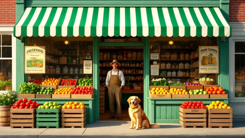 A vegyesbolt előtt álló ember és kutyája szimbolizálja a barátságot és a bőséget, ami álmainkban is megjelenhet.