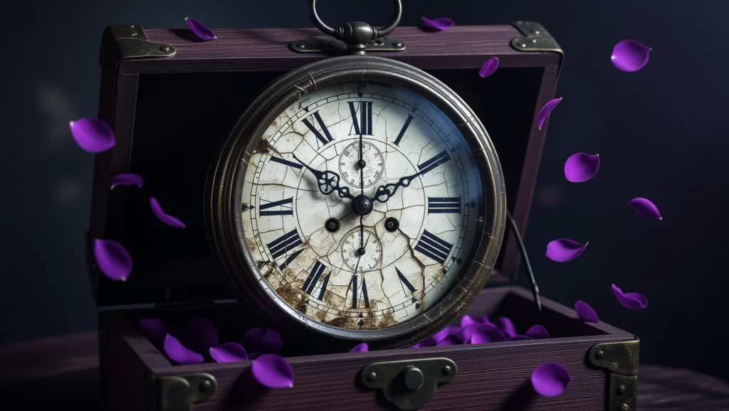 Egy régi vekkert mutató óra nyílt ládában, lila szirmokkal körülvéve.