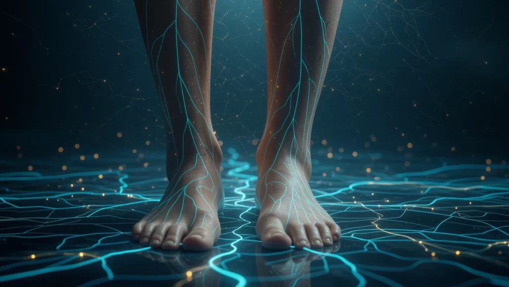 Egy emberi láb látható, amelyen kék fényű vénák hálózata fut, szimbolizálva az érzelmi állapotot.