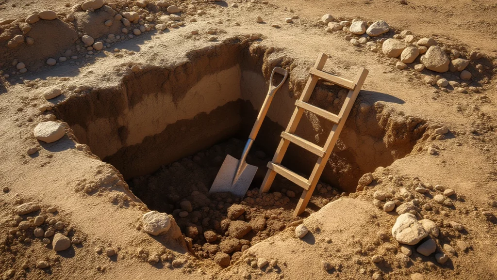 A mély gödör és a létra szimbolizálja a felfedezést és a rejtett titkok feltárását az álmokban.