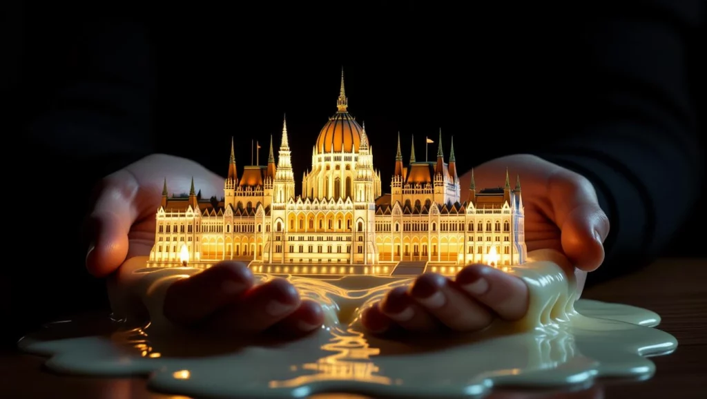 A viaszfigura országház a kezekben álmaink megvalósulását szimbolizálja, a kreativitás és a vágyak megtestesülése.