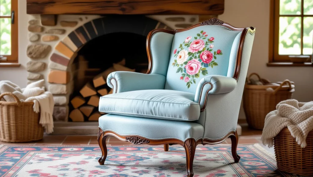Egy vintage fotel, halványkék színű kárpittal és virágmintával, egy tágas, világos szobában, kandalló közelében.