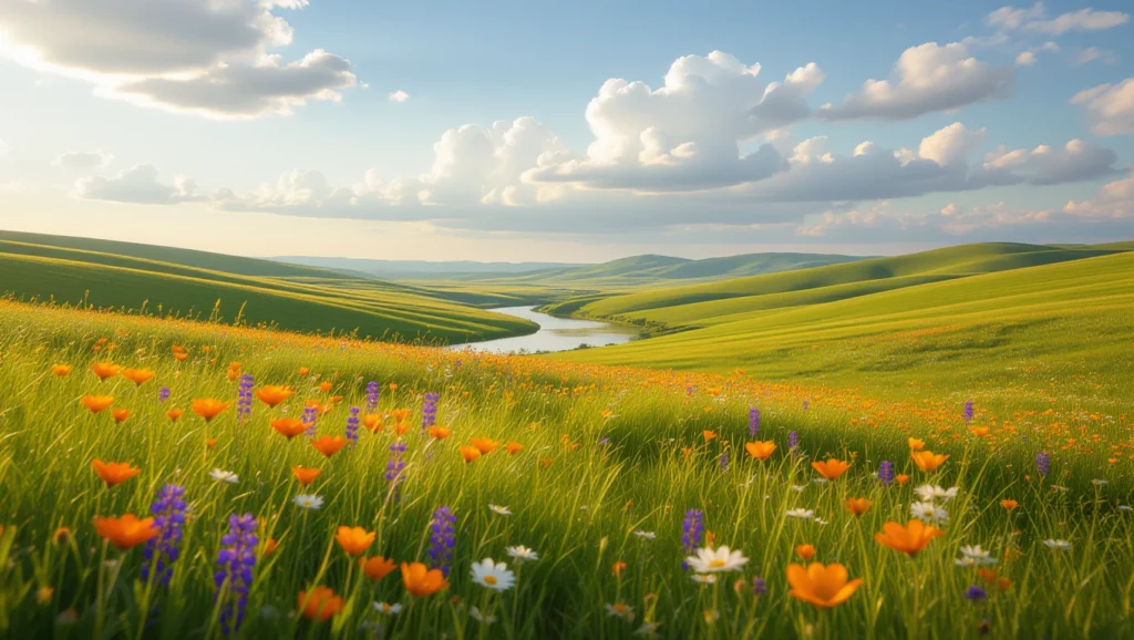 Színes virágokkal teli rét, zöld dombokkal és egy folyóval a háttérben, napsütéses időben.