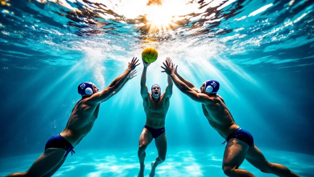 A víz alatt zajló vízilabda játék a versenyszellem megtestesítője, amely az elhatározás és a küzdelem szimbóluma.