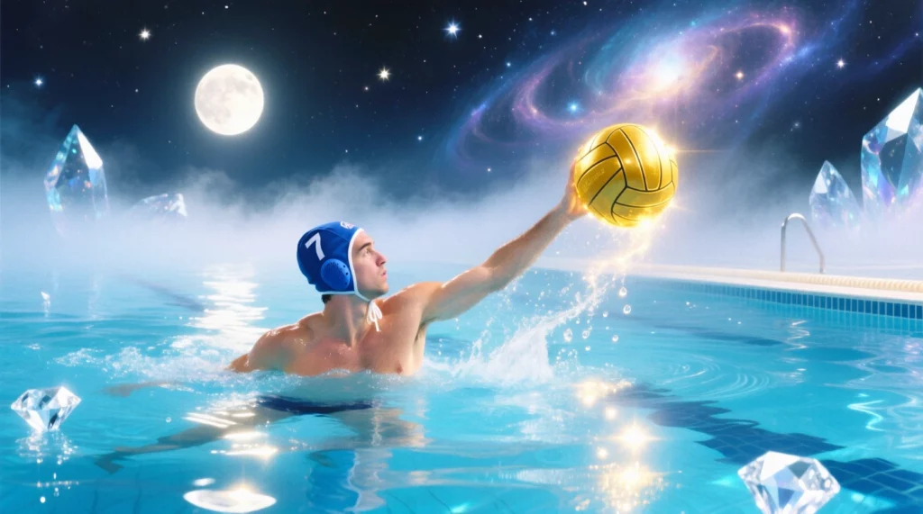 Egy vízilabdázó a medencében, aranylabdát dob fel, körülötte csillagok és holdfény.