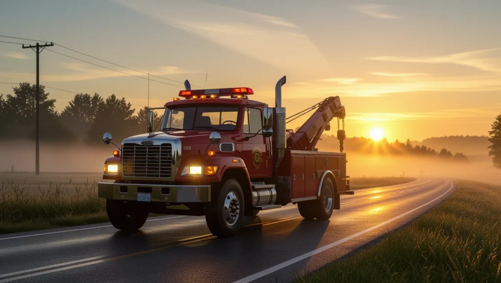 Egy vontató autó a napfelkeltében, ködös úton halad, mögötte erdős táj látható.