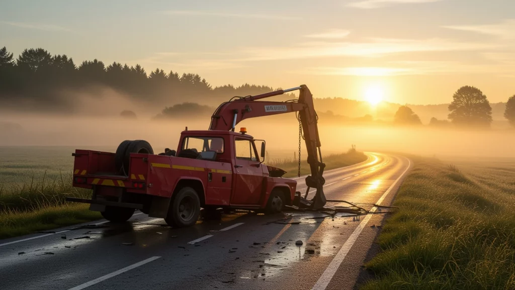 Egy vontató autó áll az úton, a napfelkeltében, körülötte köd és zöld fű, a baleset nyomai láthatók.