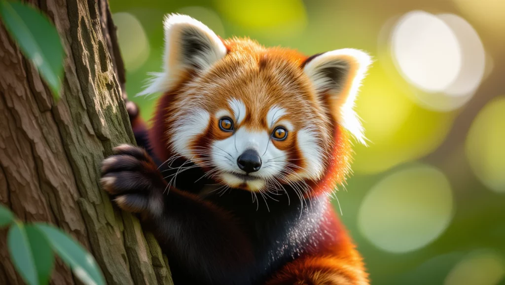 Egy vörös panda felfelé mászik egy fán, játékos és kíváncsi tekintettel, a háttérben lágy, elmosódott zöld fényekkel.