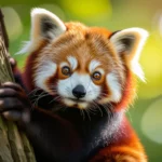 Egy vörös panda felfelé mászik egy fán, játékos és kíváncsi tekintettel, a háttérben lágy, elmosódott zöld fényekkel.
