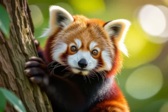 Egy vörös panda felfelé mászik egy fán, játékos és kíváncsi tekintettel, a háttérben lágy, elmosódott zöld fényekkel.