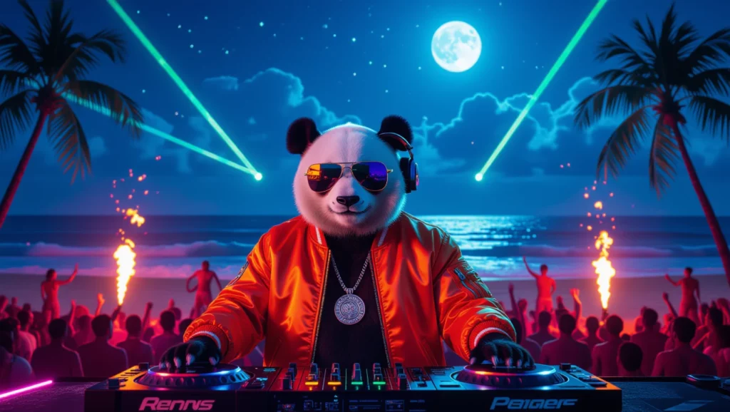 Egy lemezlovas, panda maszkban, DJ pult mögött áll, a háttérben tengerpart és bulizó tömeg látható, kék holdfénynél és lézerekkel megvilágítva.