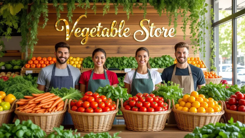 A zöldséges boltban friss zöldségek és gyümölcsök között álló fiatalok mosolyognak, ami a bőség és a jó egészség szimbóluma.