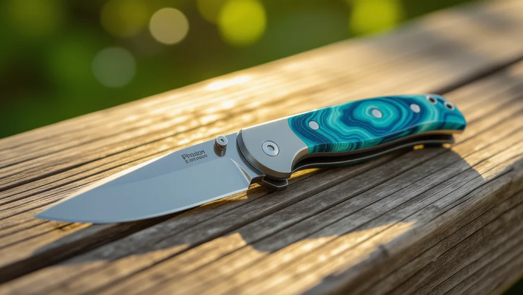 Egy elegáns zsebkés, élénk színű markolattal, fénnyel megvilágítva.