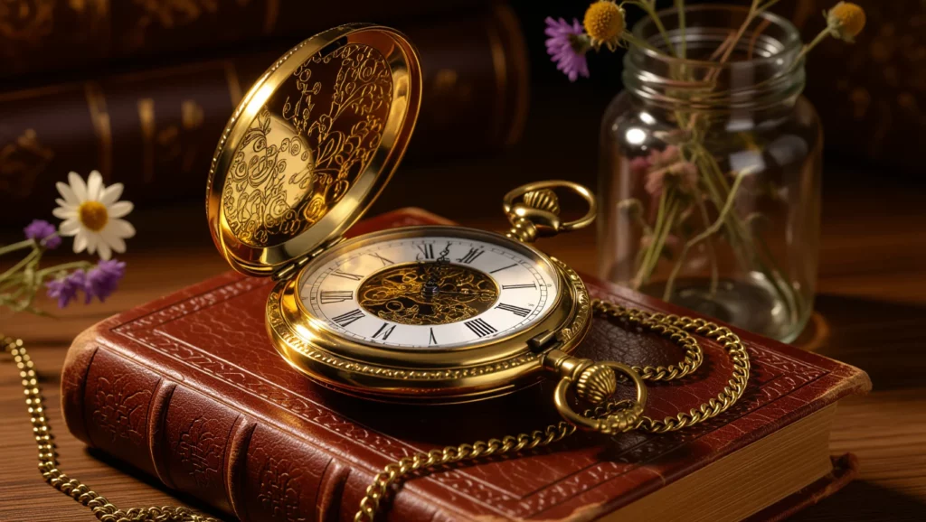 Egy arany zsebóra nyitva, virágokkal díszített könyv mellett, a múltról mesél.