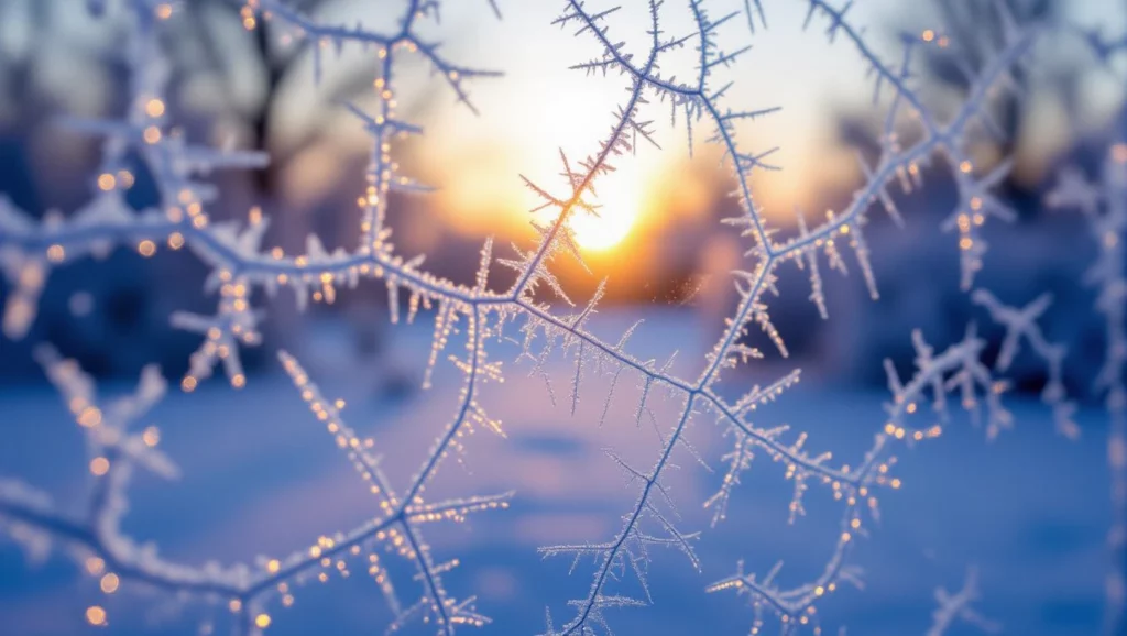 A naplementében csillogó zúzmara borítja a fákat, jégvirágokkal díszítve a tájat, ami a hideg és tisztaság érzetét kelti.