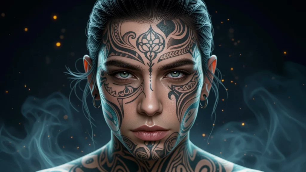 Tattooed face of a woman, symbolizing identity and self-expression in dreams.