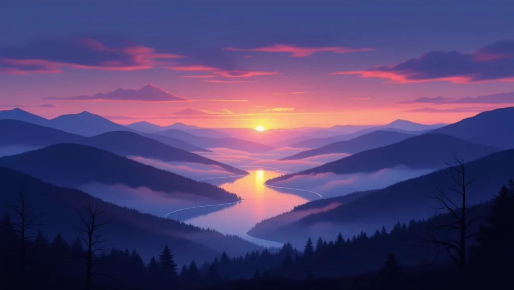 Egy elárasztott táj, hegyekkel és folyóval a naplementében, álomszerű atmoszférával.