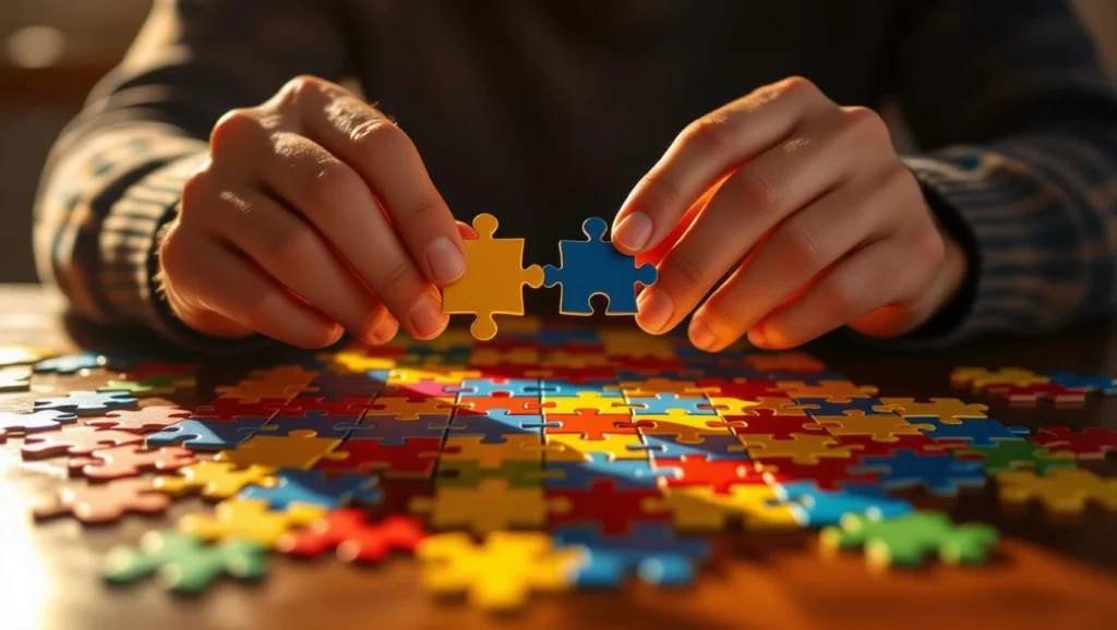 Két kéz, amelyek egy színes puzzle darabot illesztenek a helyére.