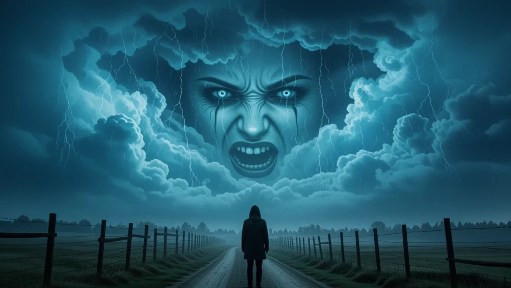 Egy sötét, viharos éjszakán egy figura áll egy úton, felette ijesztő arc van a felhők között.