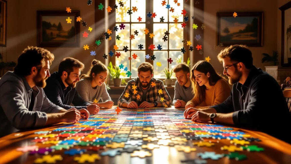 Nyolc ember ül egy asztalnál, puzzle darabokat raknak össze, fény árad be az ablakon.