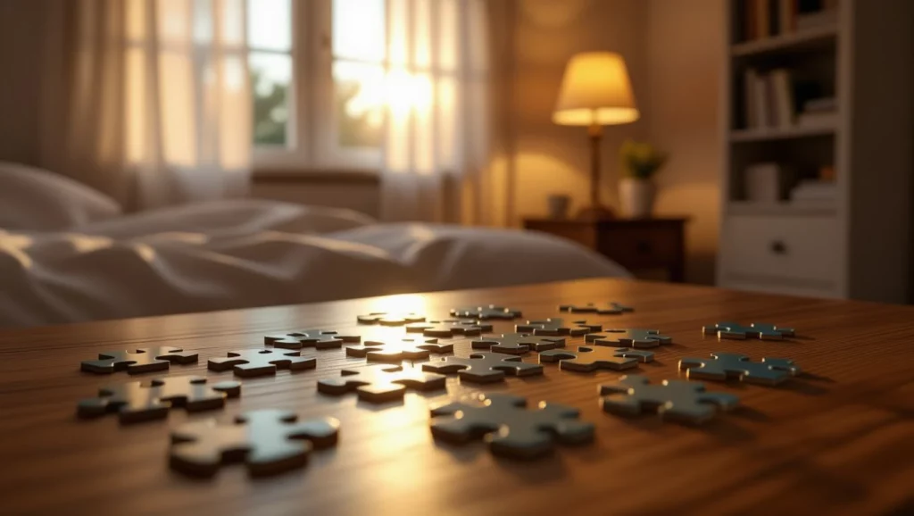 Egy fából készült asztalon szétszórt puzzle darabok, háttérben világos szobával.
