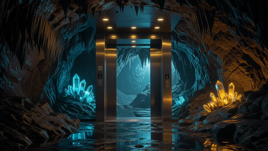 Egy modern lift nyílik meg egy barlangba, csillogó kristályokkal körülvéve.