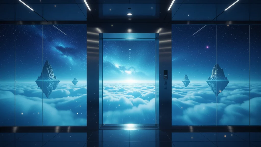 Egy modern lift belső terében csillagos égbolt és lebegő szigetek láthatók.