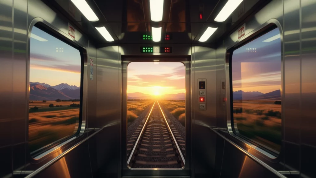 Egy lift belső terének képe, amelyből vonatpálya és naplemente látható.