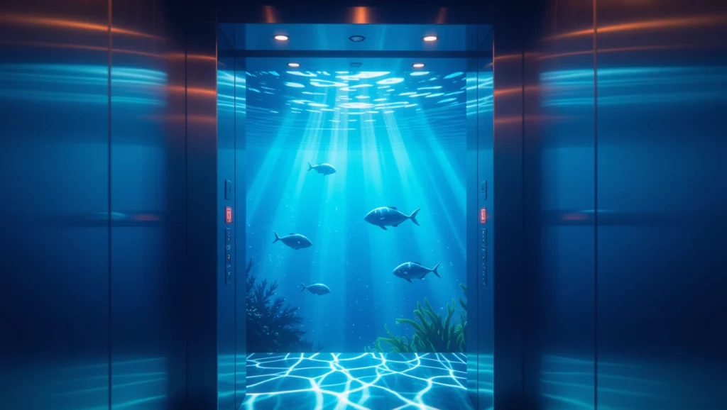 Egy lift belseje víz alatt, halak és vízinövények láthatók.