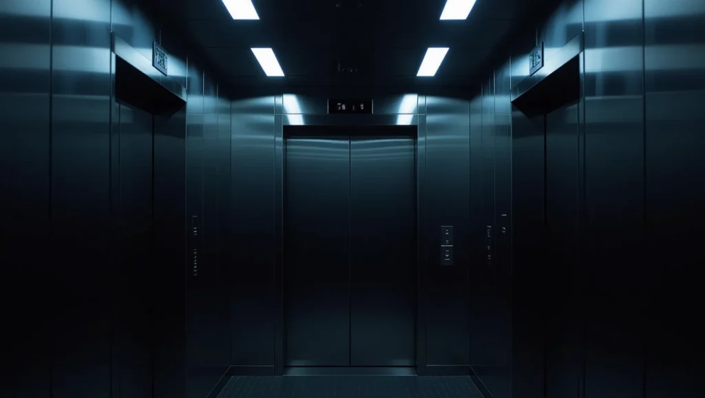 Sötét, modern lift belső terének képe, ajtókkal és világítással.
